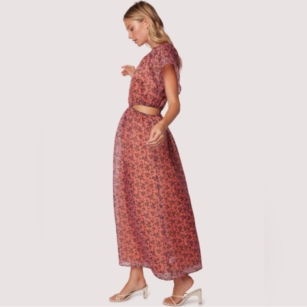 Lost + Wander Venus Rising Coral Floral Maxi Dress luxury short sleeve size L - Picture 3 of 16